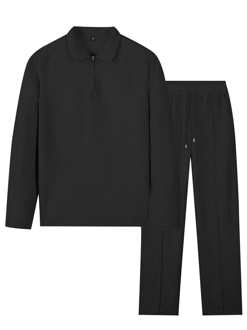 Unisex nan Vaffelstruktur Fritids-sæt med Halvzip-Polo-shirt og elastisk Bundbukser Skovae
