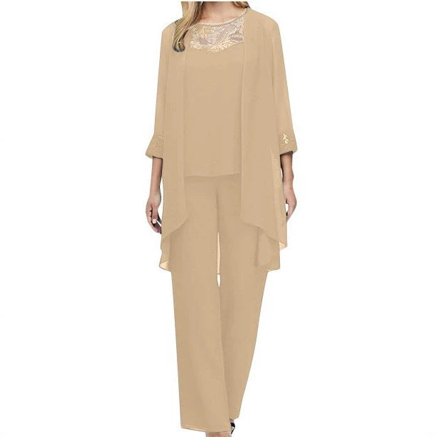 Dame nan flydende chiffon aftenensemble med spidsbesætning, kimono cardigan og bred palazzo bukser Skovae