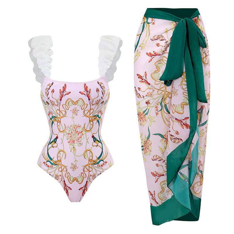 Dame bikini kombination med blomstertryk og gennemsigtig indpakningsnederdel Stilla