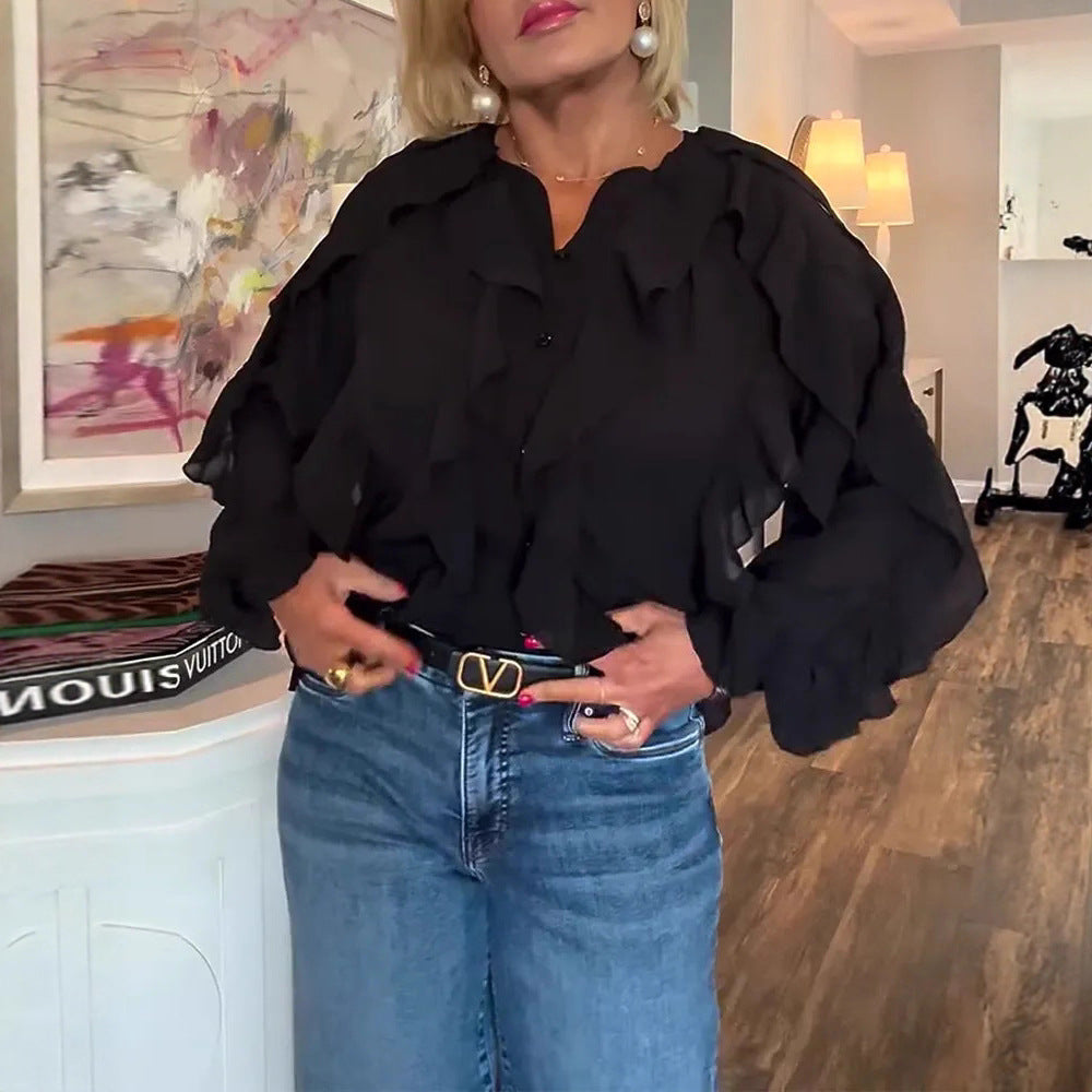 Dame nan semitransparent lagendel-bluse lavet af chiffon med ballonærmer og skjult knaplukning Skovae