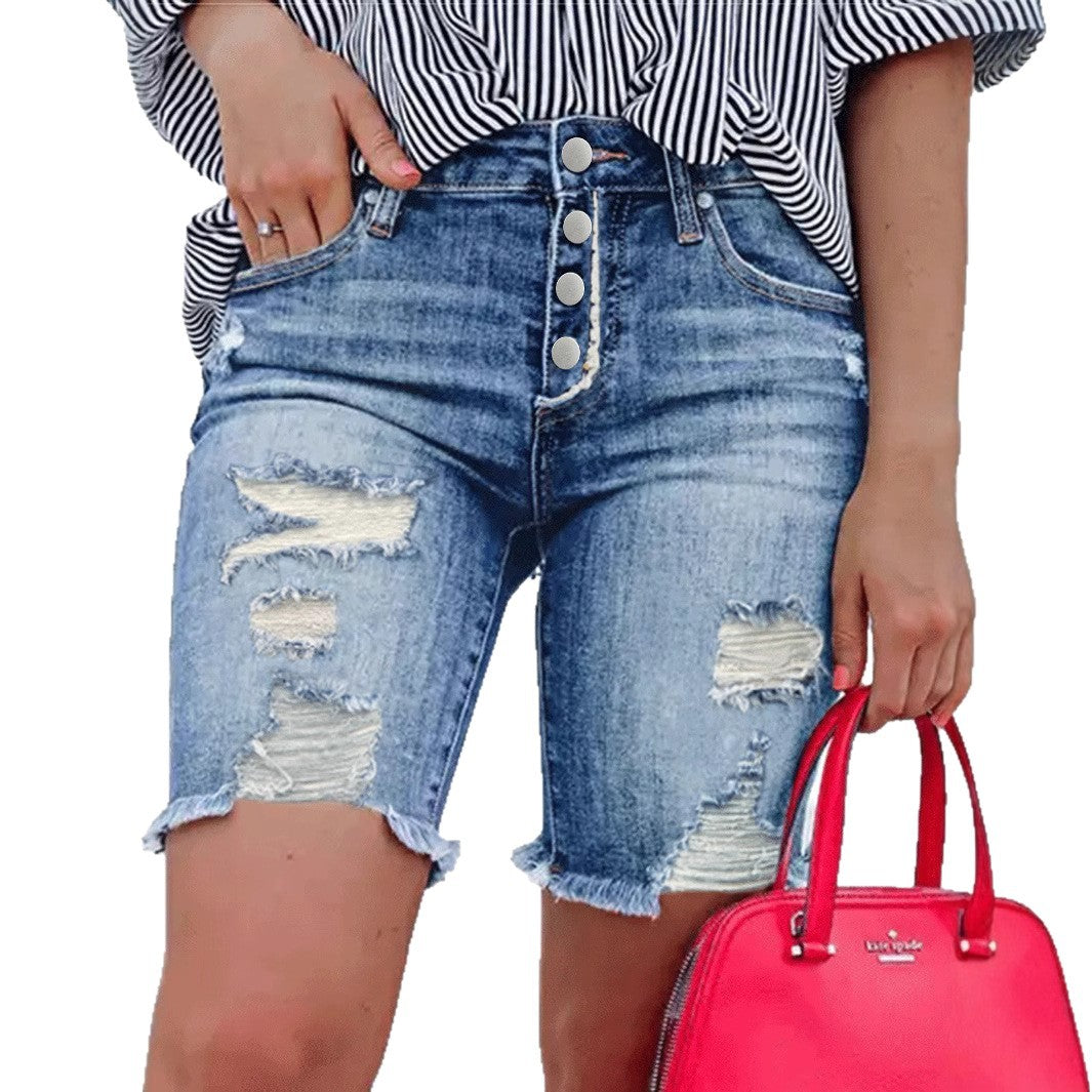 Dame jeansshorts med høj talje og stilfulde destroyed-detaljer Stilla