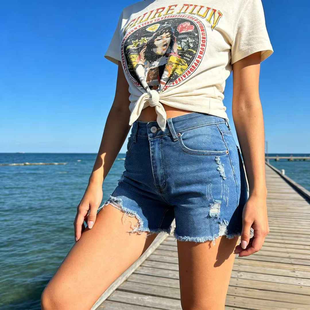 Dame Destroyed Denim-shorts med frynset kant og stilfulde revnedetaljer Skovae