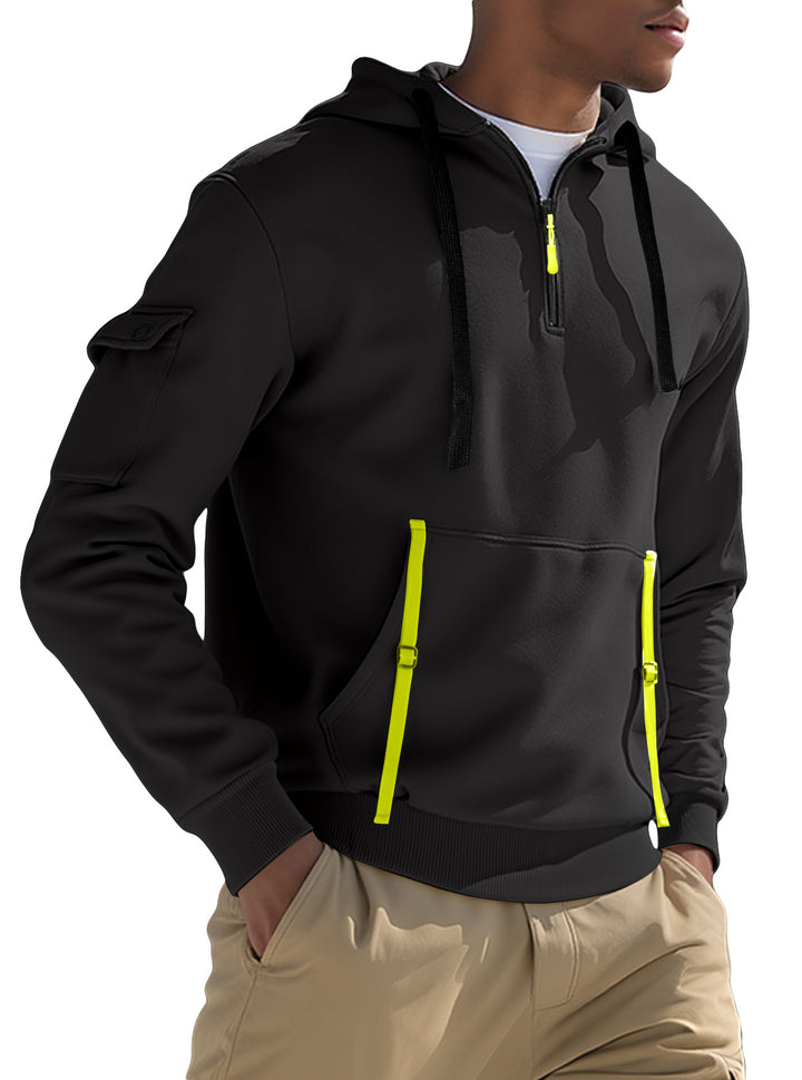 Herrer nan urbaner Tech-hoodie halvziptrøje med utility-ærmelomme, kængurulomme og justerbare lynlås-bånd Skovae