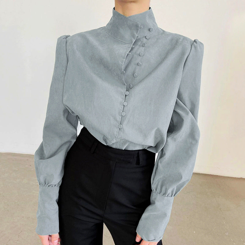 Damer elegant bluse med højtstående krave og puffærmer Stilla