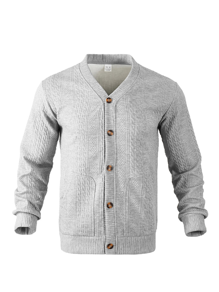 Herrer nan elegant fletsstrikket cardigan med V-hals knapliste og påsyede lommer Skovae