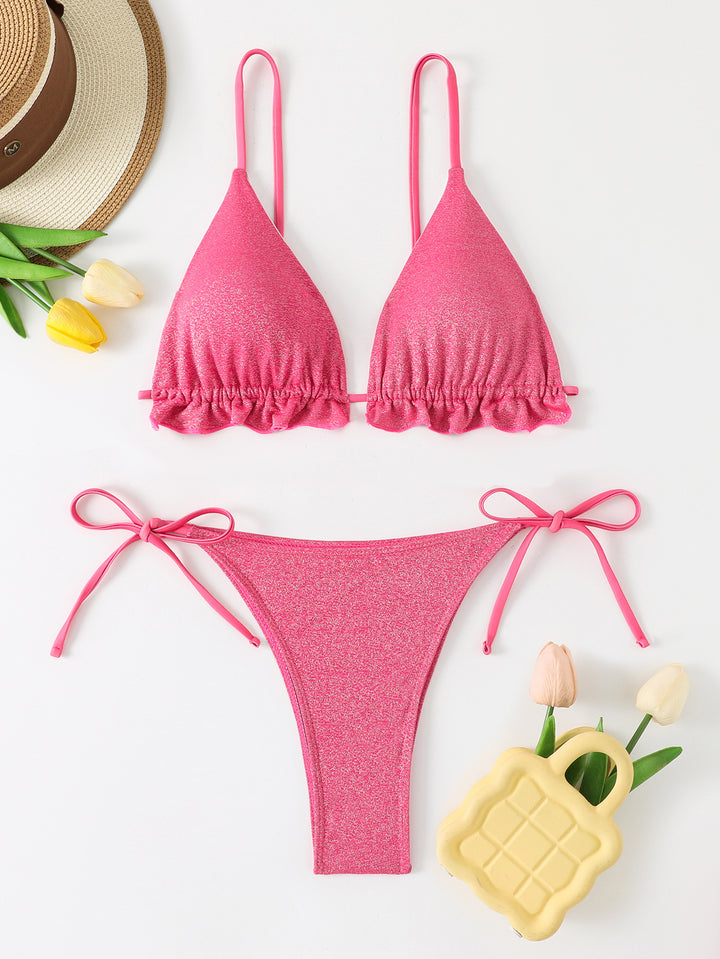 Dame Triangel-Bikini-Sæt med Flæsedetaljer og Glitrende Materiale Stilla