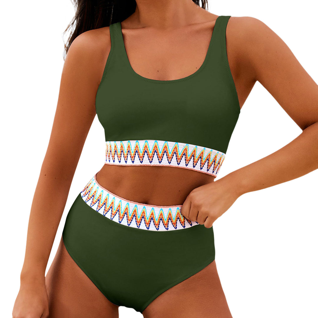 Dame højtaljet bikini-sæt med moderne stribet bånd Skovae