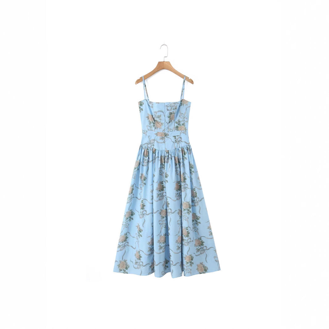 Dame Midi-kjole med floral vintage-design og justerbare spaghetti-stropper Stilla