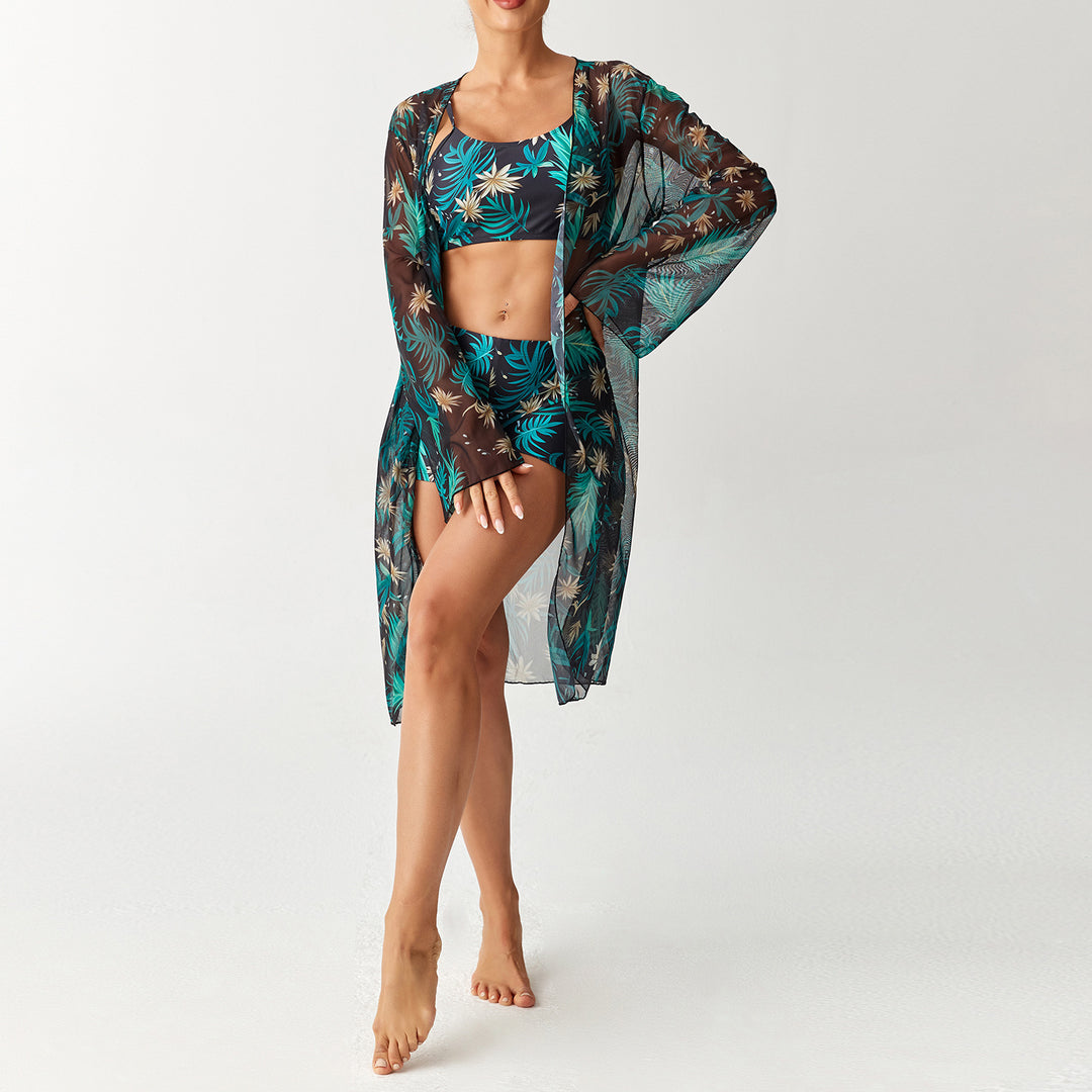 Dame bikini sæt med elegant crop-top og gennemsigtig strandkimono Skovae