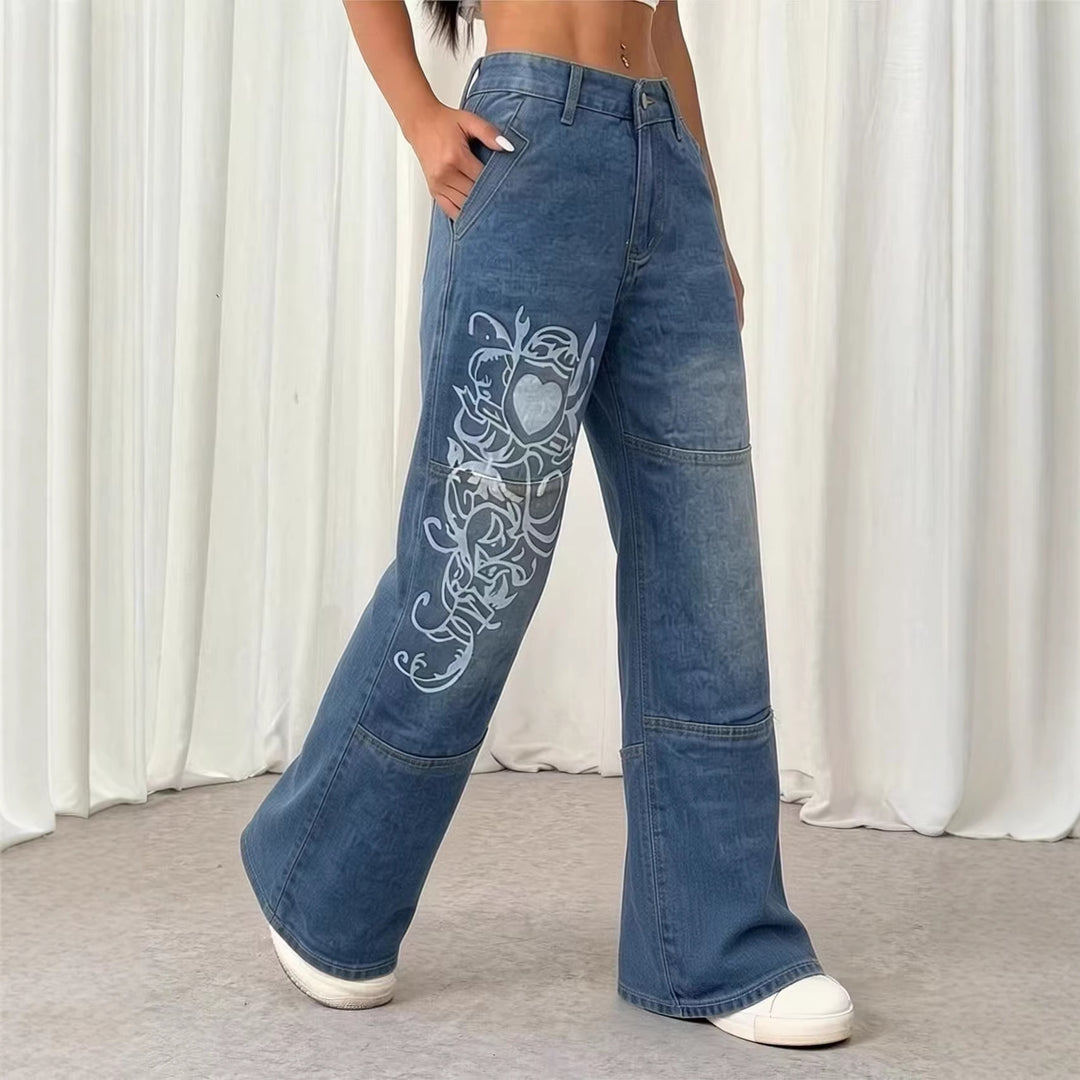 Dame baggy jeans med kunstnerisk tryk Skovae