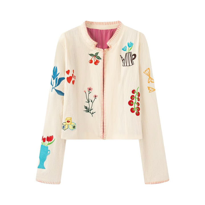 Damer broderet kort jakke med blomsterdesign Stilla