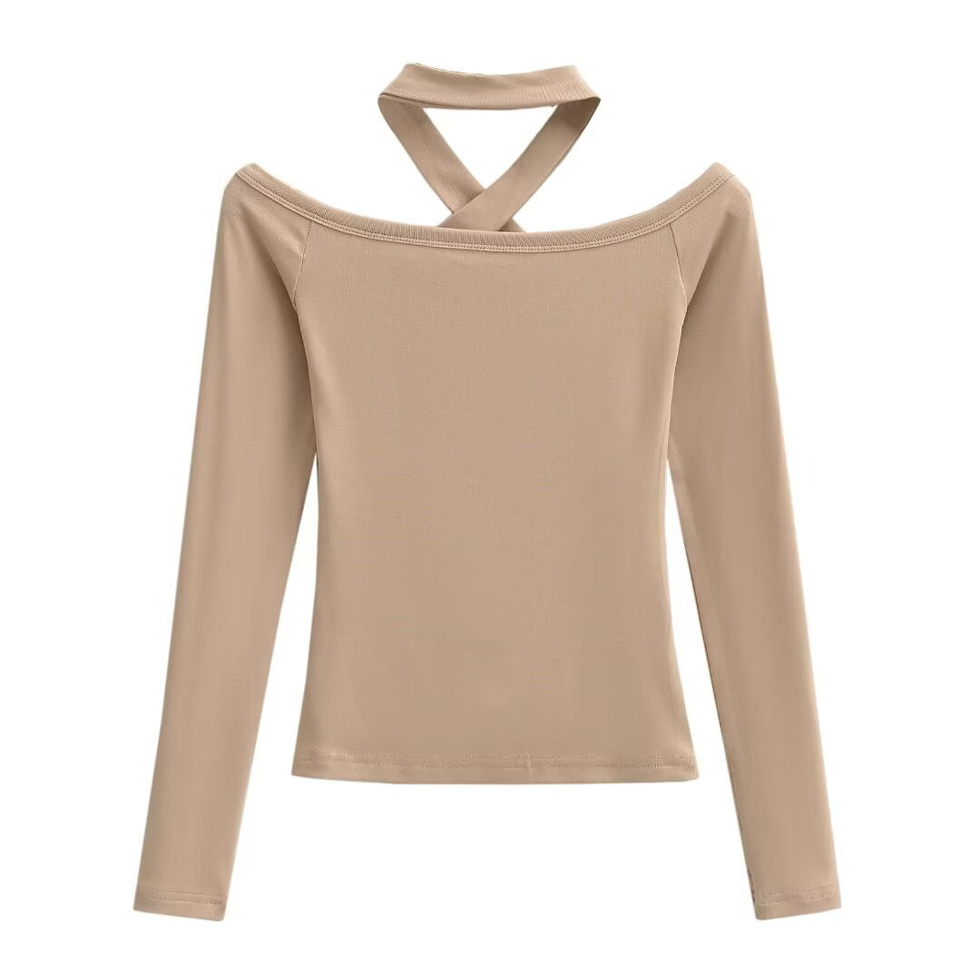 Dame Langærmet Overdel med mode Off-Shoulder Design og justerbar Krave Stilla