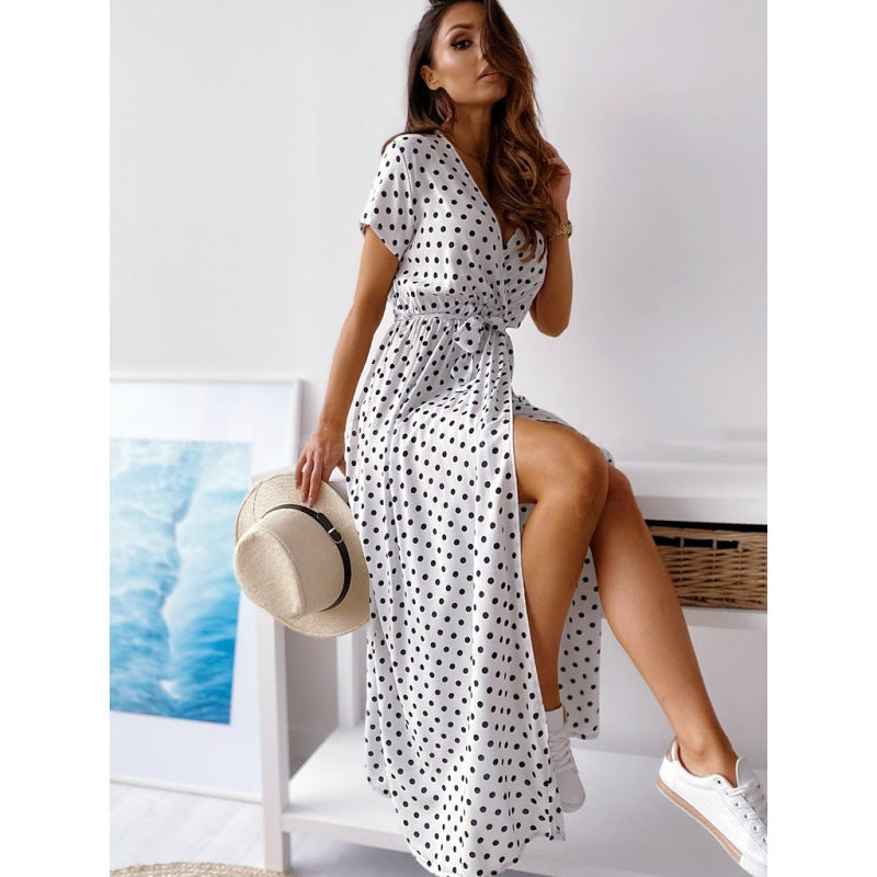 Dame Polka Dot Maxi Kjole med Sideslids Stilla
