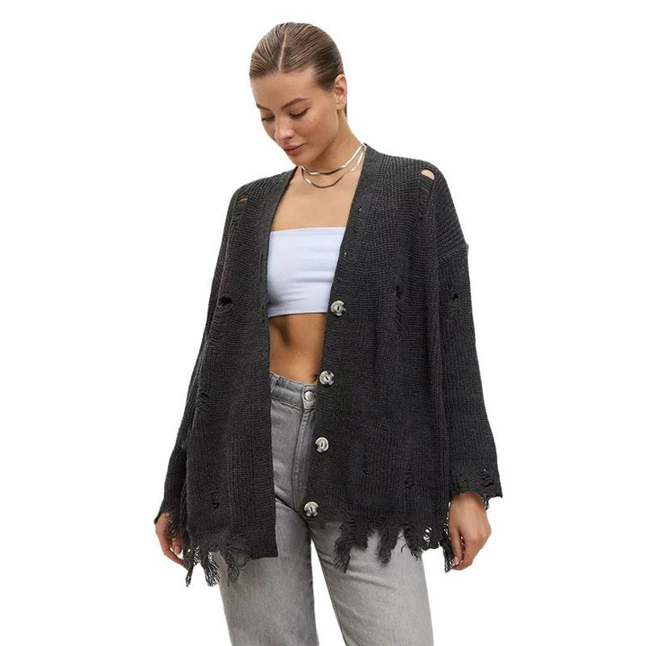 Dame oversized strikpullover med frynset detaljer og afslappet struktur Stilla