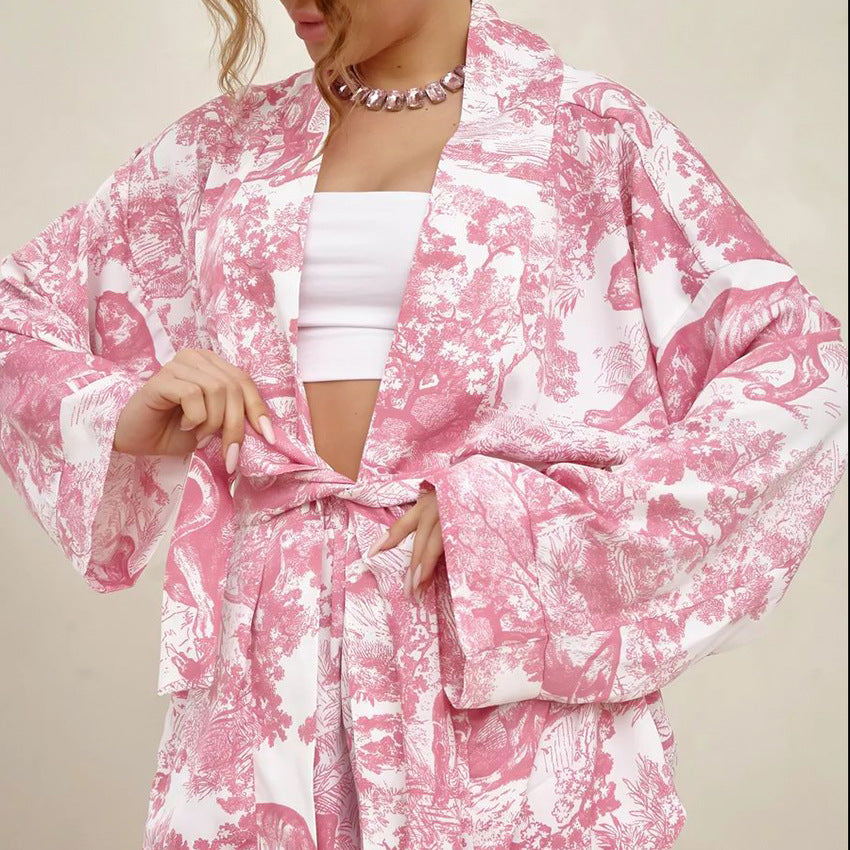 Dame Kimono-inspireret Loungewear-sæt med elastisk talje og raffinerede detaljer Stilla