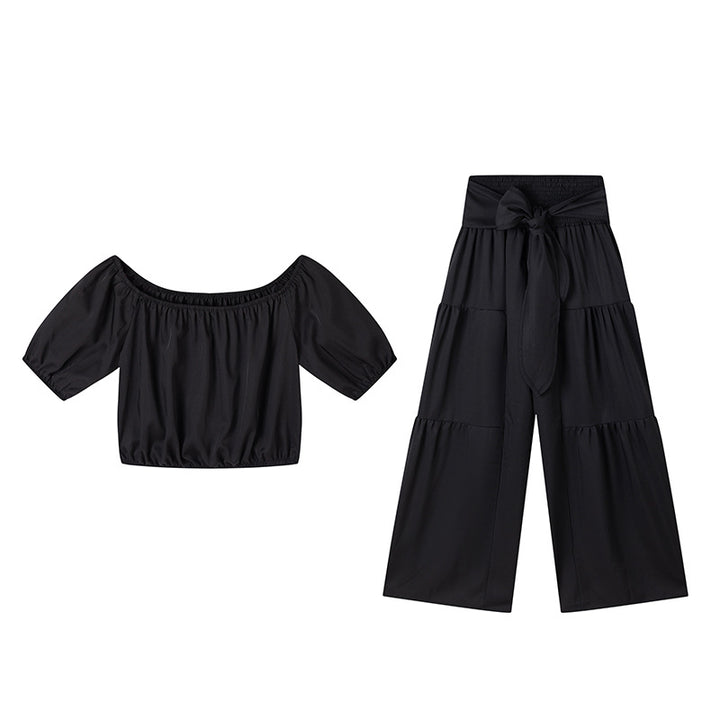 Dame stilfuld off-shoulder crop top og bred bukser sæt Stilla