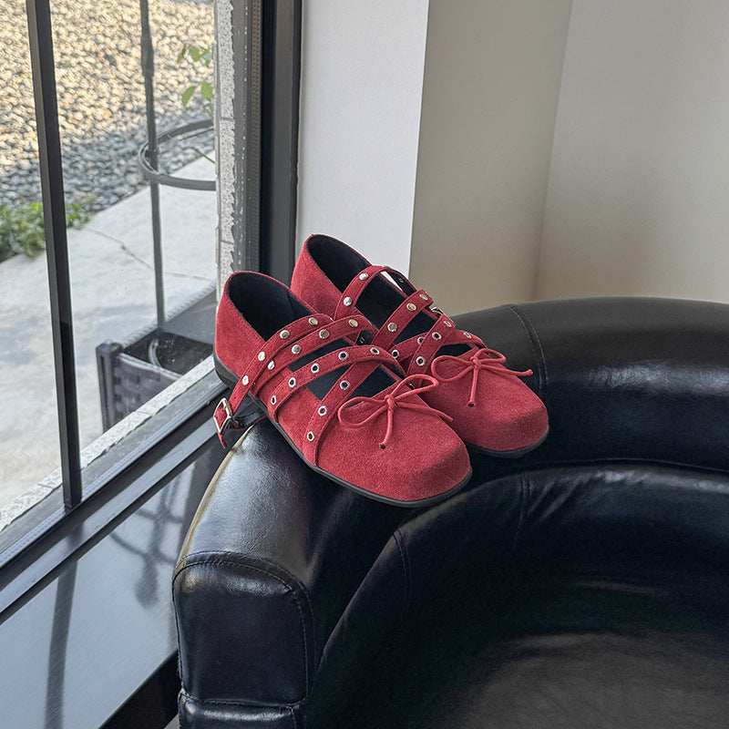 Dame Trendy Kvadrat Tå Slip-On Ballerinas med dekorativt Krydsrem Design Stilla