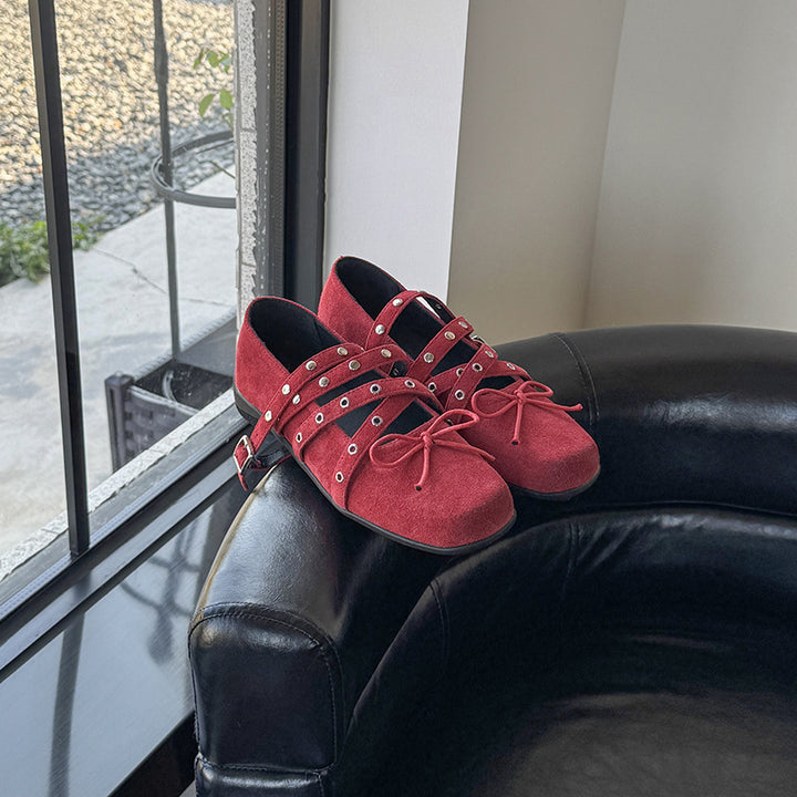 Dame Trendy Kvadrat Tå Slip-On Ballerinas med dekorativt Krydsrem Design Stilla