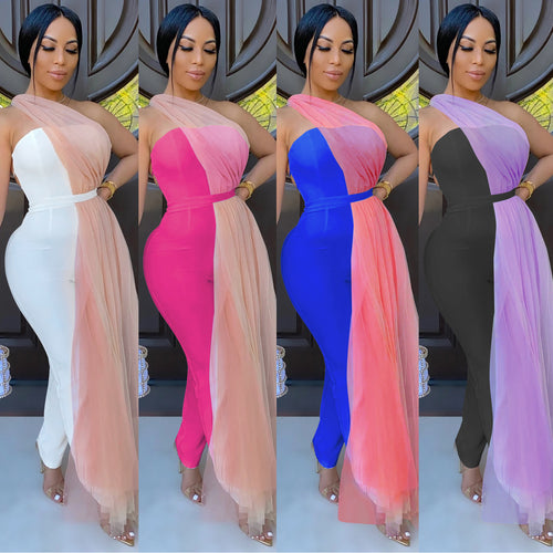 Dame Elegant One-Shoulder-Overall med flydende Tulleoverlay Stilla