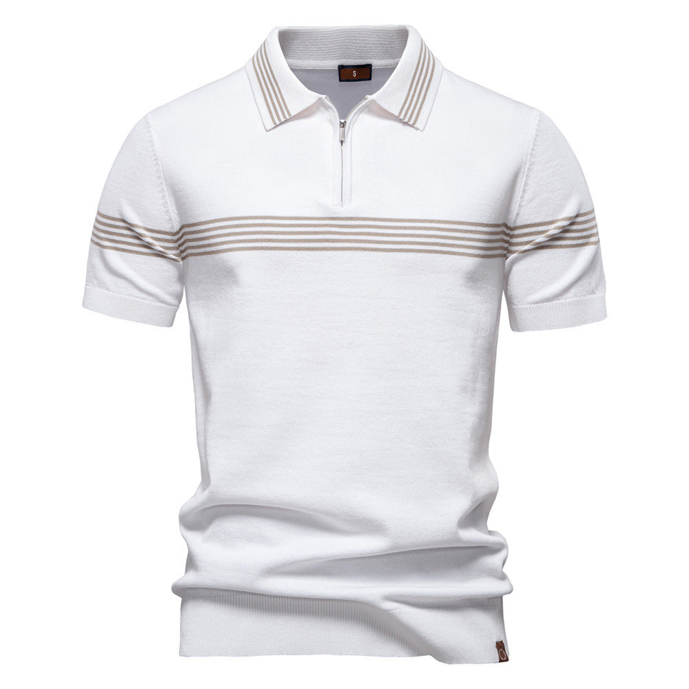 Herrer nan edelt finstrik-polo-shirt med kort metal lynlås, ribbede ærmer og kontrasterede stribebånd Skovae