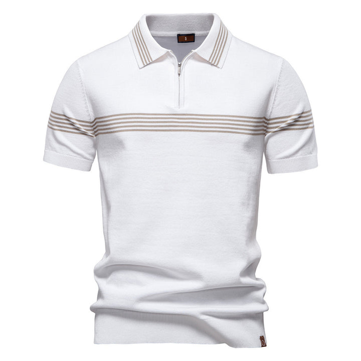 Herrer nan edelt finstrik-polo-shirt med kort metal lynlås, ribbede ærmer og kontrasterede stribebånd Skovae
