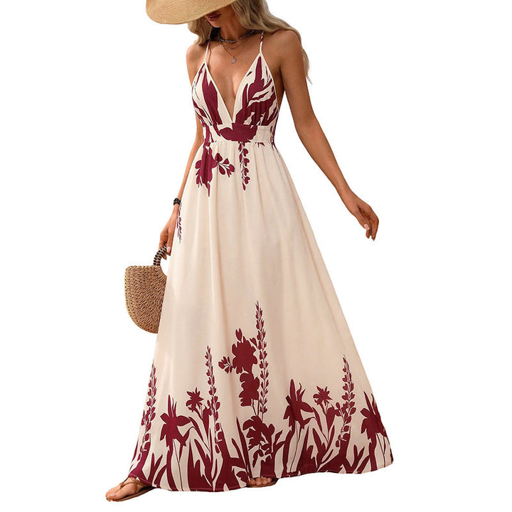 Damen Maxikleid mit tiefem V-Ausschnitt und floraler Applikation Skovae