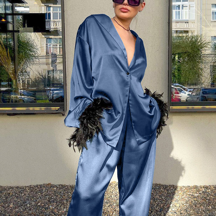 Dame satin casual lounge-sæt med elegante fjer Stilla