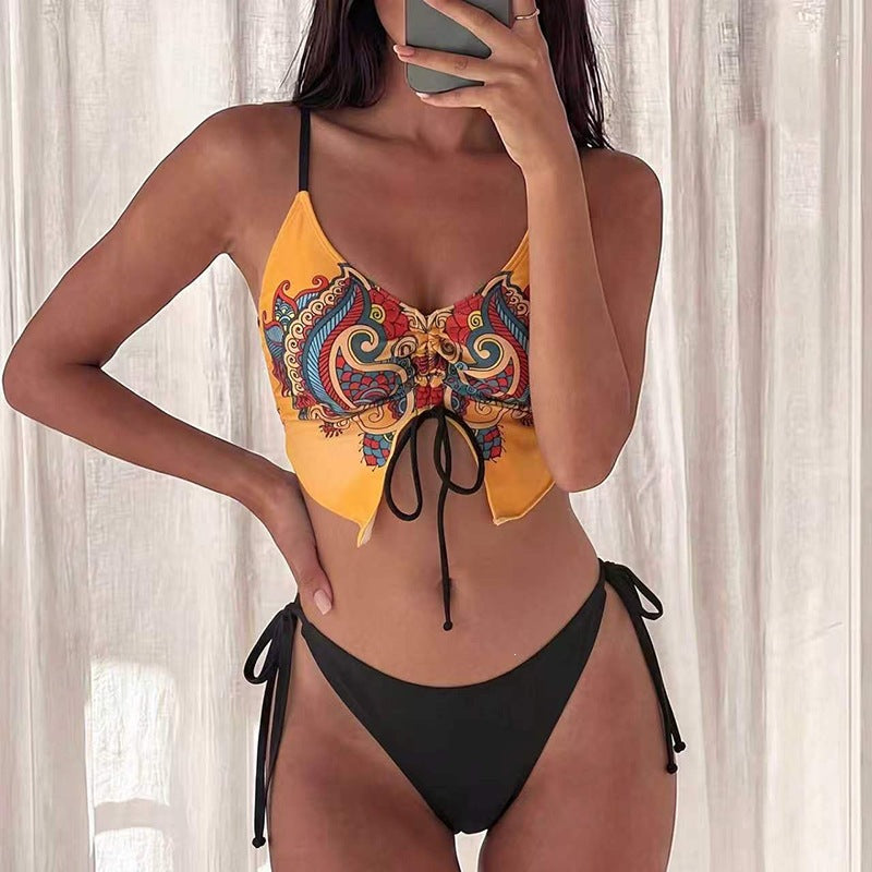 Dame bikini-overdel med kunstnerisk mønstertryk og justerbare stropper Skovae