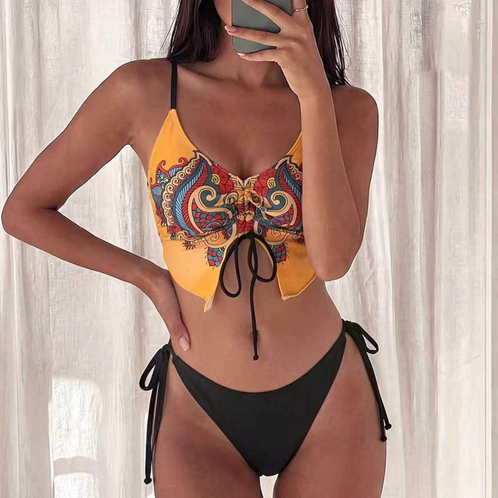 Dame bikini-overdel med kunstnerisk mønstertryk og justerbare stropper Skovae