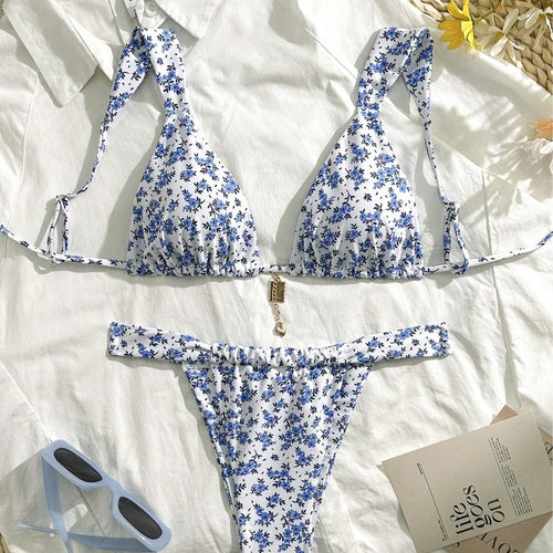 Dame triangel-bikini med blomsterprint og justerbare stropper Skovae