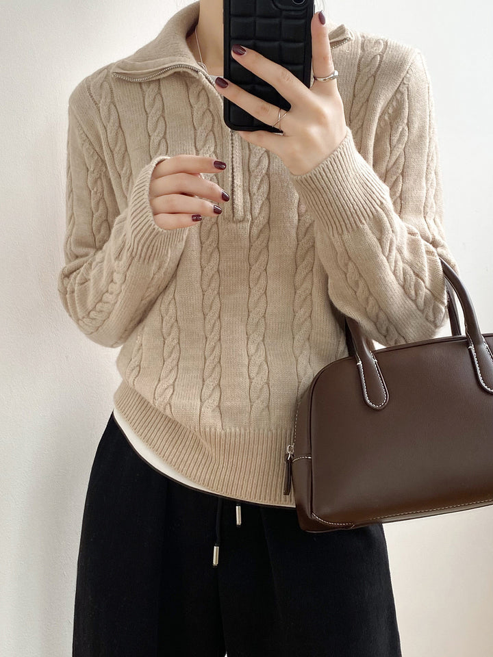 Femme Kabelstrik V-kvart-lynlå Pullover Sweater Stilla