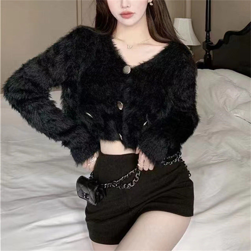 Femme Fluffy Tekstur Knappet Cardigan Stilla