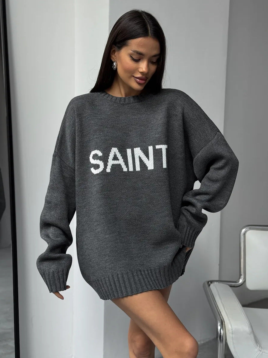 Kvinder Oversized Strik Sweater med Kreativ Skrift Stilla