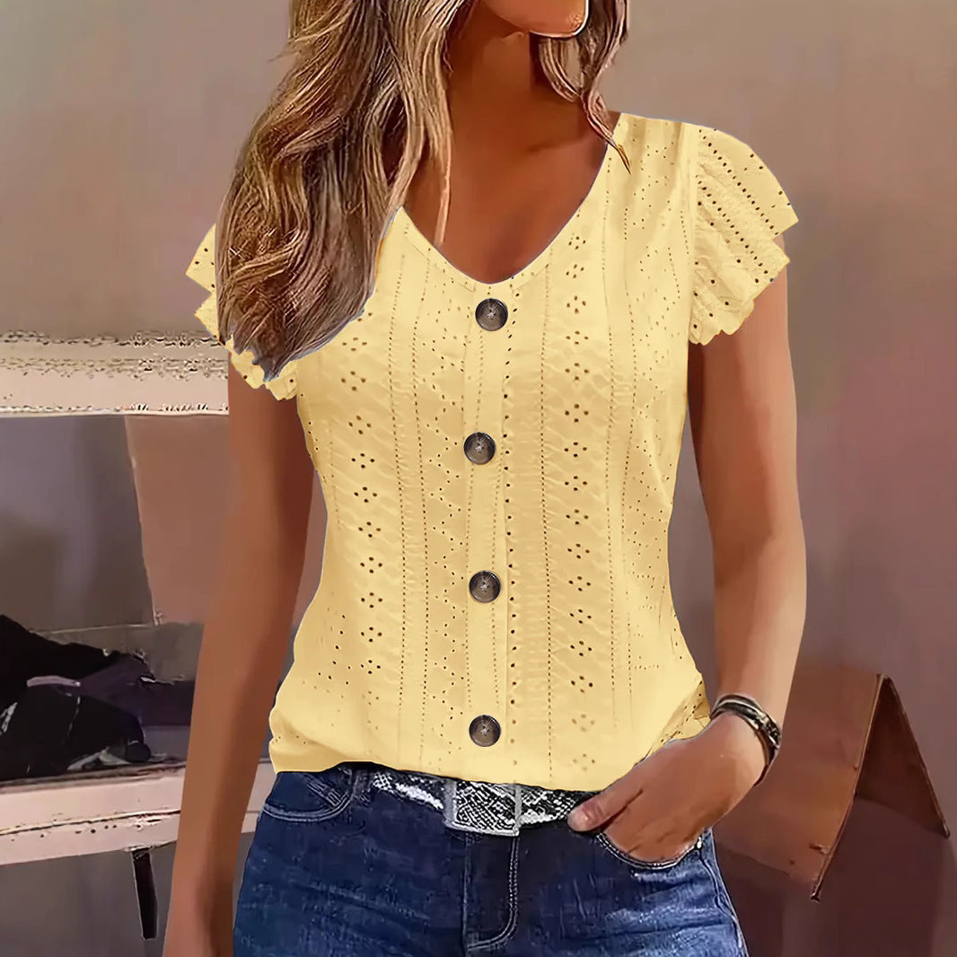Dame elegant bluse med spisemønster og knapdekoration Skovae