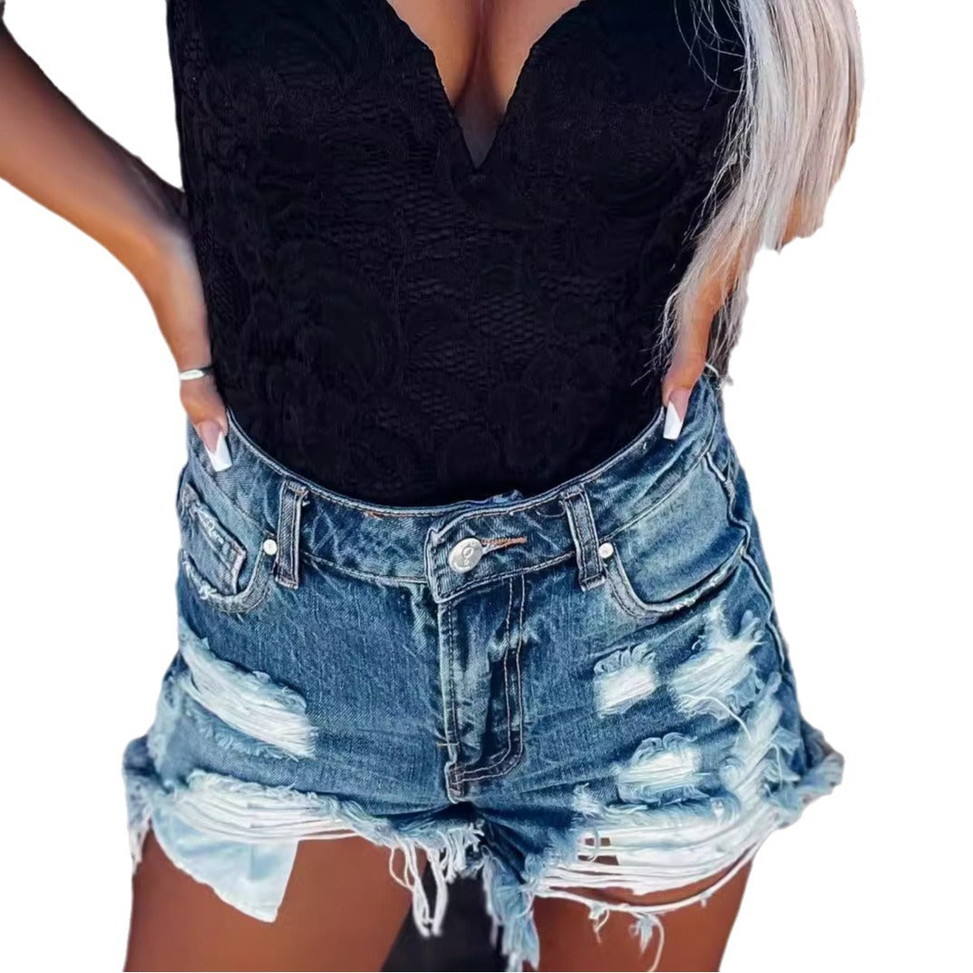Dame Destroyed Denim-Shorts i afslappet stil med frynset afslutning og høj kvalitet forarbejdning Stilla