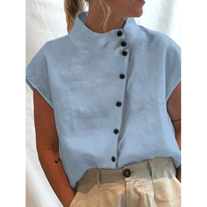 Dame mode kortærmet bluse med ståkrave Stilla