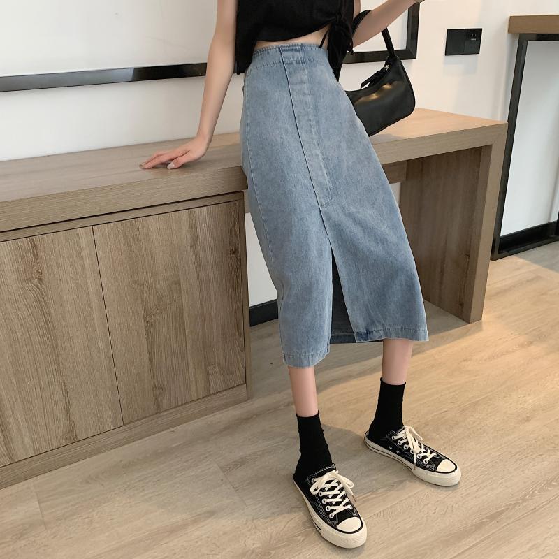 Dame jeans midi nederdel med sideslids Stilla