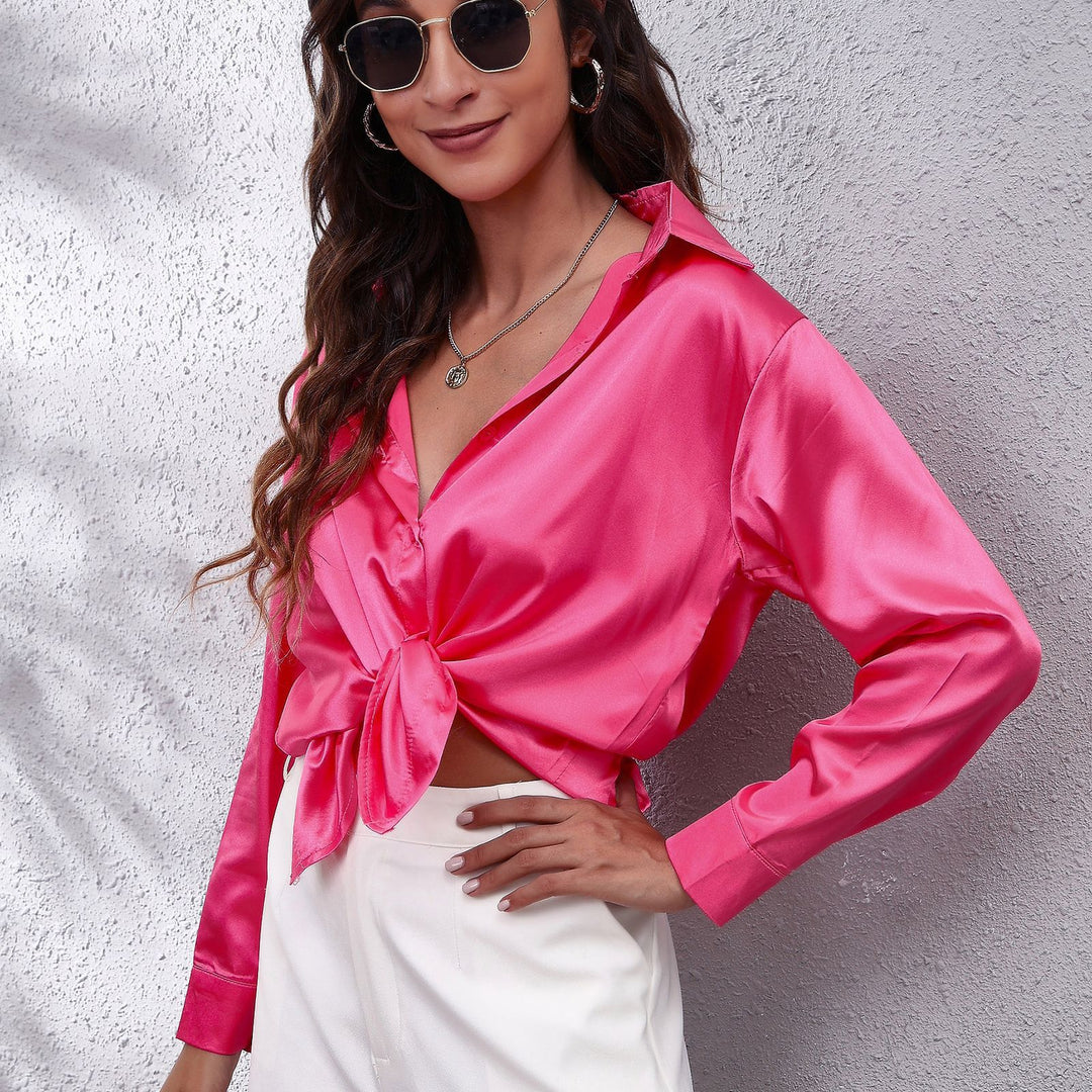 Dame Satin Bluse med Knote Lukning Stilla