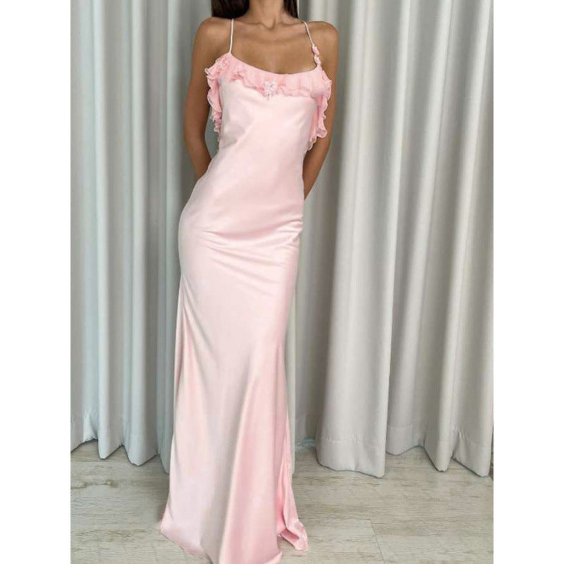 Damen Maxi-Kleid mit eleganten Rüschendetails und tiefem Rückenausschnitt Skovae