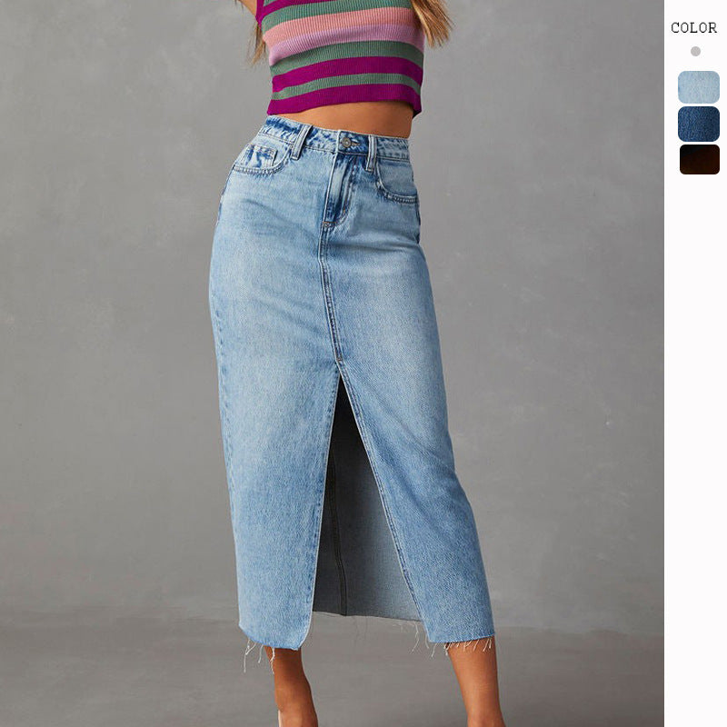 Femme Høj Slids Denim Midi Skirt Stilla