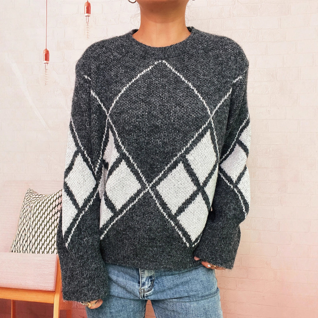 Kvinders strikkede sweater med moderne ternet mønster Stilla