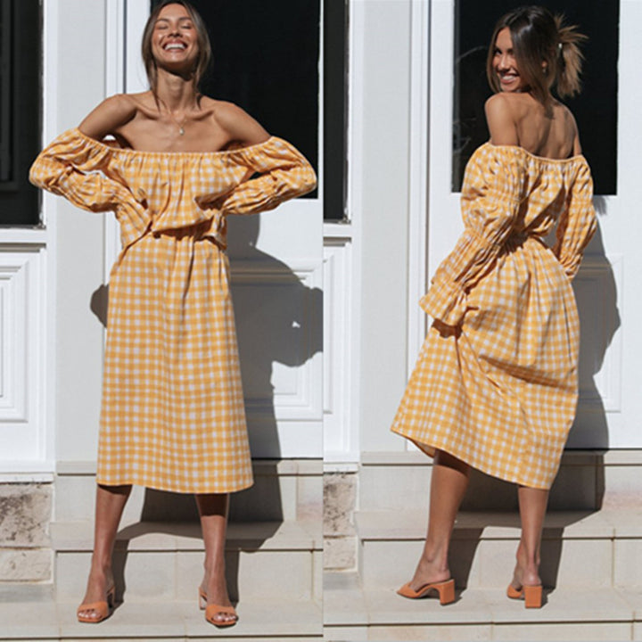 Kvinders Off-Shoulder Midi Kjole med Ternet Design og Elastisk Talje Stilla