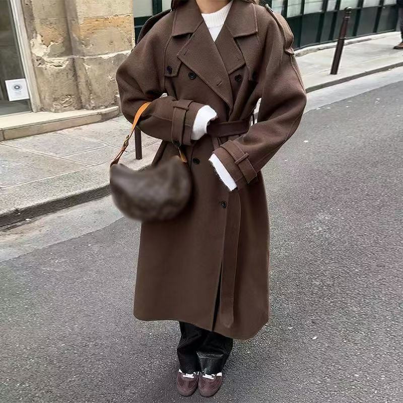 Damer Elegant Lang Trench Coat med Struktureret Standskæde Stilla