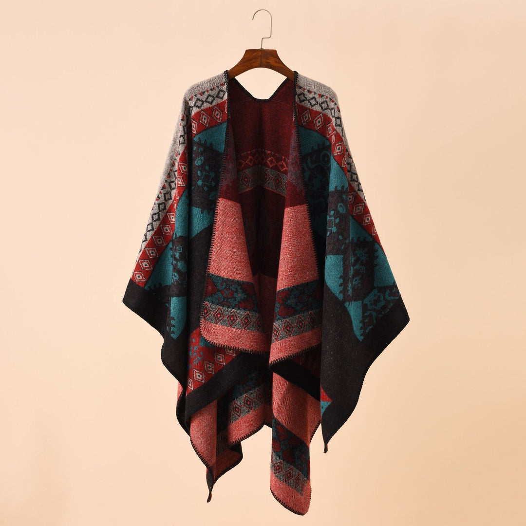 Dame Mode Poncho med Kunstnerisk Mønster og Frynset Kanter Skovae