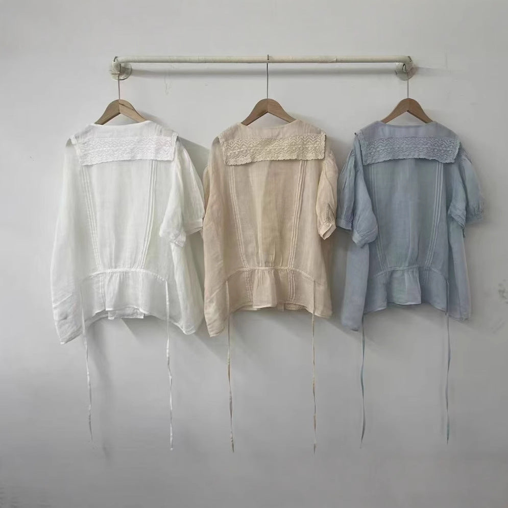 Dame Button-Up Bluse med spidsekrave og justerbart bånd Stilla