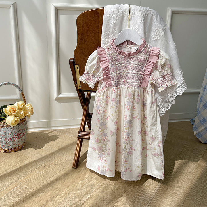 Pige Vintage Blomster Smocked Kjole Stilla
