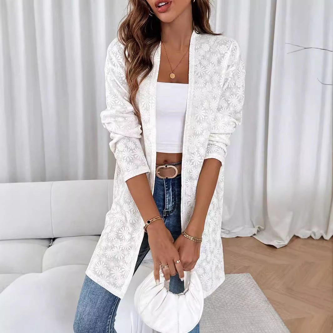Dame nan fein bestikket Langcardigan af semi-transparent spids med floral strukturrelief Skovae