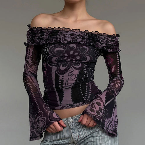 Dame Off-Shoulder Bluse med elegante rufledetaljer og brede ærmer Skovae
