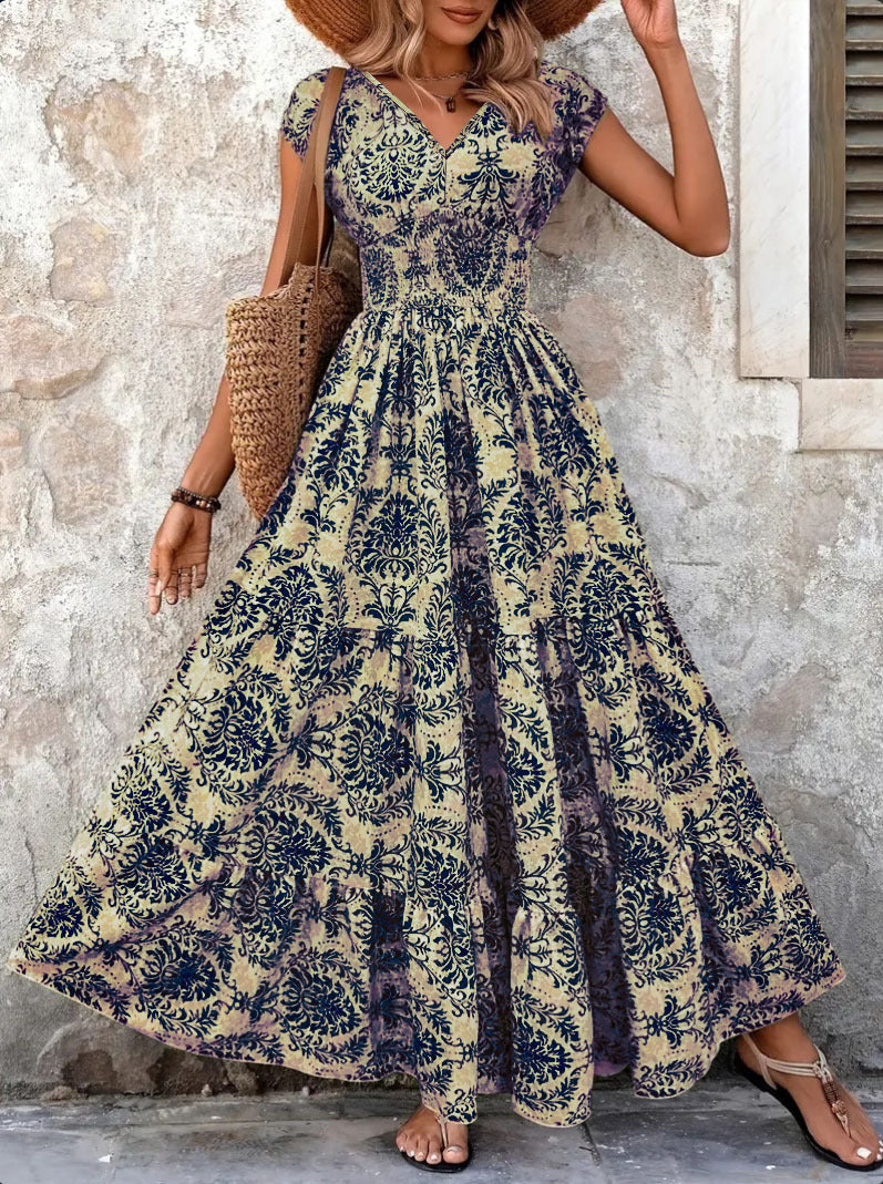 Dame Maxikjole med elegant floral-design og elastisk taljegummi Stilla