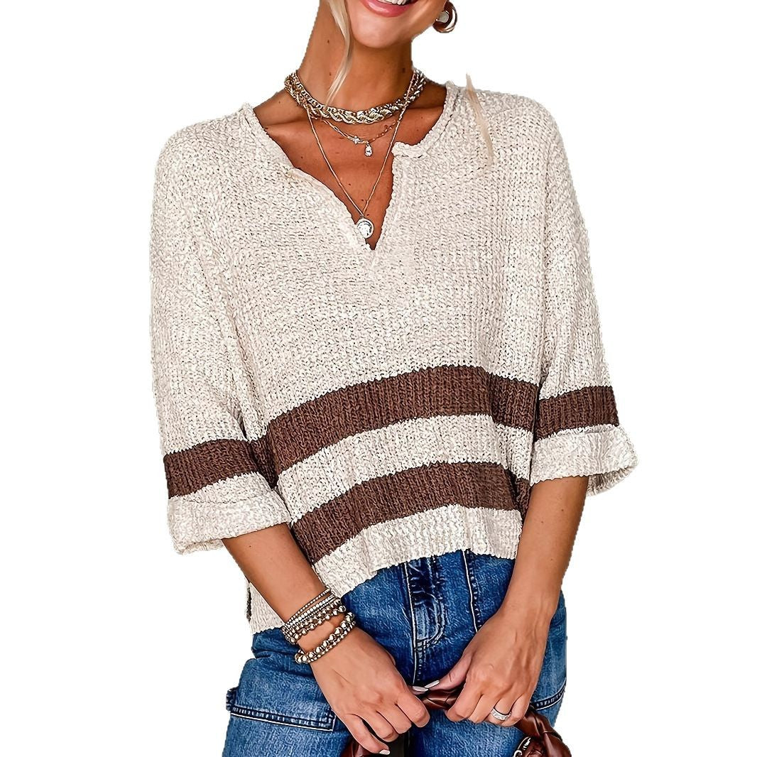 Kvinder Cropped Tekstureret Strikpullover med Stribede Accenter Stilla